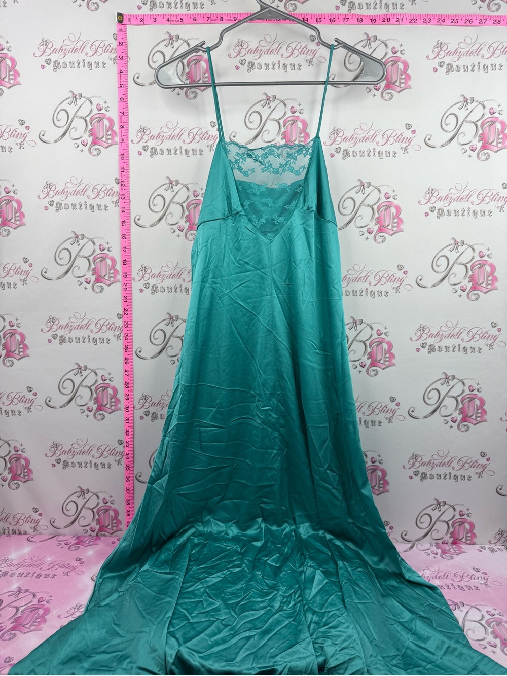 Dress vintage long flowy floral Lacie Silky Teal Lace Trim Maxi Slip Dress